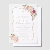 金ゴールドピンク赤面花1歳の誕生日バプテスマ ベラム紙招待状 (オフセット)