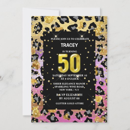 金ゴールドピンク黒ヒョウ柄ジャングルグリッター50位 招待状 (正面)