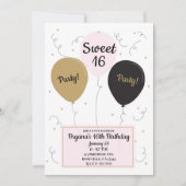 金ゴールドピンク&ブラックバルーン甘い16誕生日パーティー 招待状 (正面)