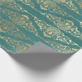 金ゴールドピーコックとフィリグリーのティール(緑がかった色) ラッピングペーパー (角)