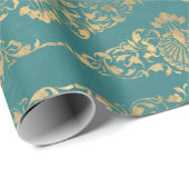 金ゴールドピーコックとフィリグリーのティール(緑がかった色) ラッピングペーパー (ロールコーナー)