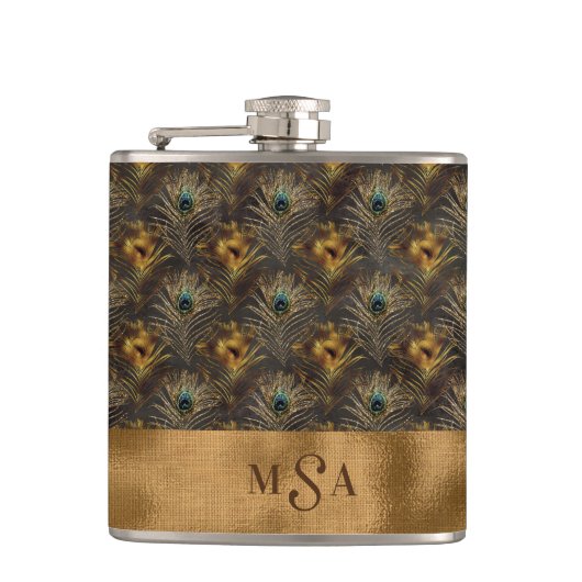 金ゴールドピーコックフェザーモノエレガントグラパーソナライズされたム フラスク (正面)
