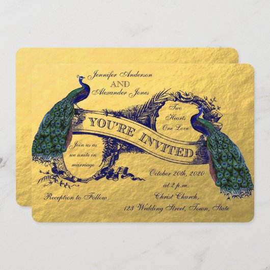 金ゴールドピーコック結婚式招待状 招待状 (正面/裏面)