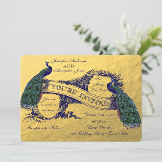 金ゴールドピーコック結婚式招待状 招待状 (スタンド正面)