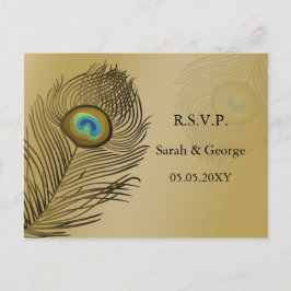 金ゴールドピーコック結婚式rsvp インビテーションポストカード