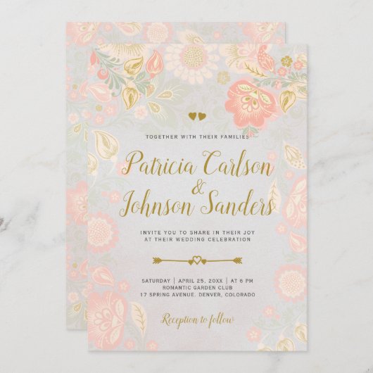 金ゴールドピーチと赤面春開花結婚ズグレー 招待状 (正面/裏面)