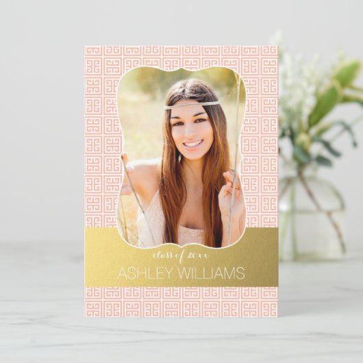 金ゴールドピーチギリシャ鍵写真卒業発表 招待状 (スタンド正面)