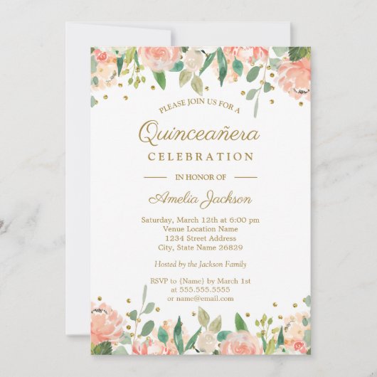 金ゴールドピーチフローラウォーターカラーキンセアニェラ招待状 招待状 (正面)