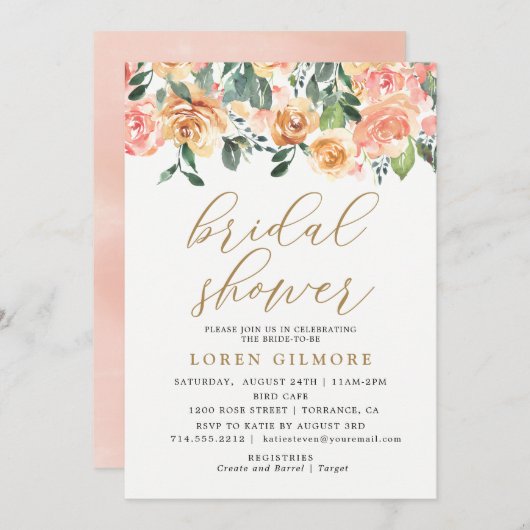 金ゴールドピーチフローラブライダルシャワー招待 招待状 (正面/裏面)