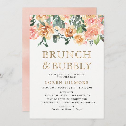 金ゴールドピーチフローラブランチとバブルシャワー 招待状 (正面/裏面)