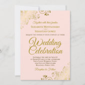 金ゴールドファイルエレガントをピンクQRコー結婚ドで 招待状 (正面)