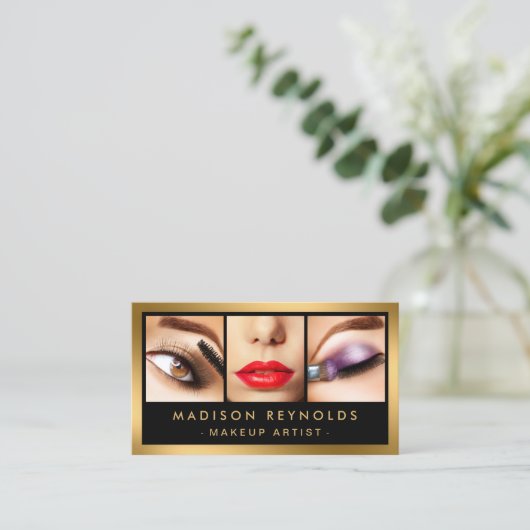 金ゴールドファッションメイクアップアーティストフォトショーケース 名刺 (スタンド正面)