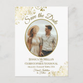 金ゴールドファンシーカール結婚式の日付を保存する楕円形の写真 案内ポストカード (正面)