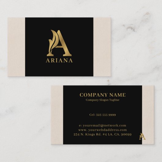 金ゴールドファンシーレターAモノグラム(黒とリネン) 名刺 (正面/裏面)