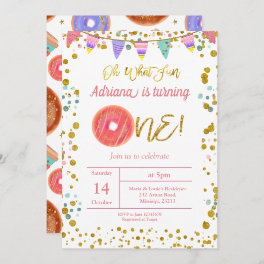 金ゴールドファーストバースデーパーティードーナツテーマ招待状 招待状 (正面/裏面)