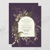 金ゴールドファーングリーンリー結婚パープルのリハーサルディナー 招待状 (正面/裏面)