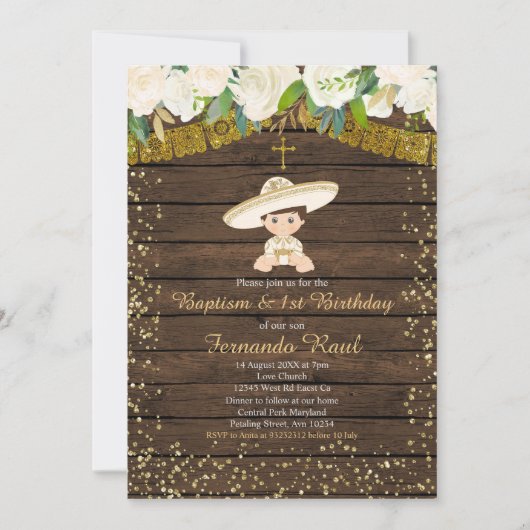 金ゴールドフィエスタバプティスアンドファースト誕生日 招待状 (正面)