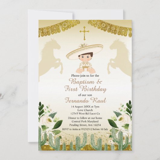 金ゴールドフィエスタボーイバプテスマと誕生日 招待状 (正面)