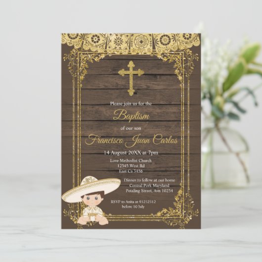 金ゴールドフィエスタボーイバプテスマ《キリスト教》洗礼式や命名式招待状 招待状 (スタンド正面)