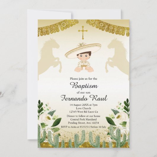 金ゴールドフィエスタボーイバプテスマ《キリスト教》洗礼式や命名式 招待状 (正面)