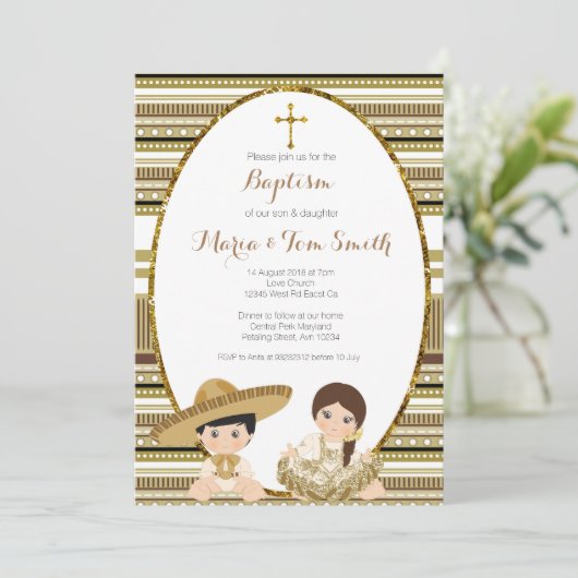 金ゴールドフィエスタボーイ&ガールバプティスマ《キリスト教》洗礼式や命名式 招待状 (スタンド正面)