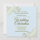 金ゴールドフィエレガントリグリーパウダーブルー結婚スクエア 招待状 (正面)