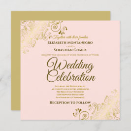 金ゴールドフィエレガントリグリー赤面ピンク結婚スクエア 招待状