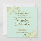 金ゴールドフィリエレガントグリーミントグリー結婚スクエア 招待状 (正面)