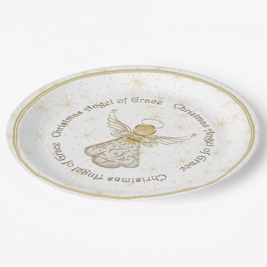 金ゴールドフィリグリークリスマスエンジェルオブグレース&スターズ ペーパープレート (アングル)