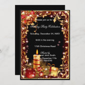 金ゴールドフィリグリーベルズキャンドルクリスマスパーティー招待状 招待状 (正面/裏面)