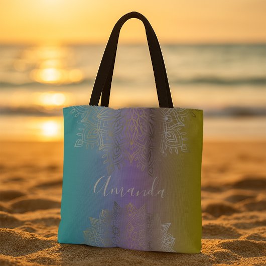 金ゴールドフィリグリーマンダラオンパステルレインボーカスタムル トートバッグ