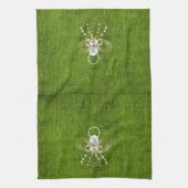 金ゴールドフィリグリー・クリスマスエンジェル・オブ・ジョイ・グリーン キッチンタオル (縦)