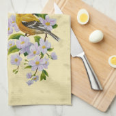 金ゴールドフィンチ&リンゴ花黄色 キッチンタオル (四つ折り)