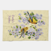 金ゴールドフィンチ&リンゴ花黄色 キッチンタオル (横)
