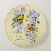 金ゴールドフィンチ&リンゴ花黄色 ラウンドクッション (裏面)