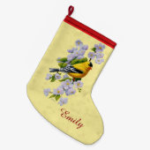 金ゴールドフィンチ&リンゴ花黄色 ラージクリスマスストッキング (正面 (吊り時))