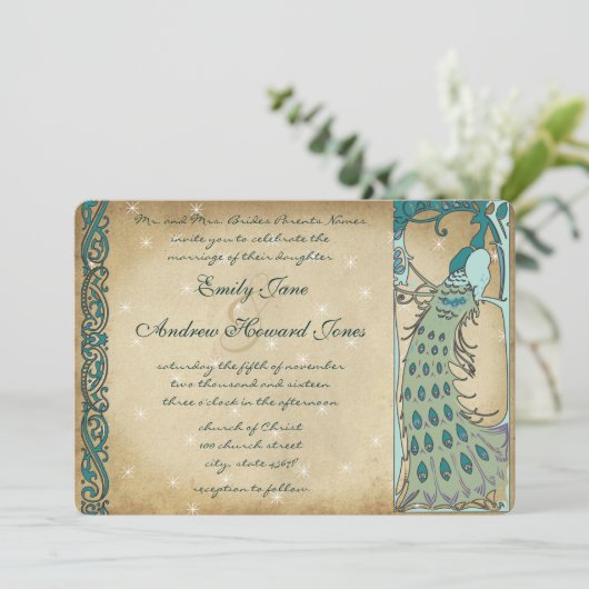 金ゴールドフェアリーテールピーコック結婚式招待状 招待状 (スタンド正面)