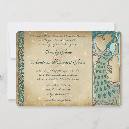金ゴールドフェアリーテールピーコック結婚式招待状 招待状 (正面)