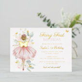 金ゴールドフェアリー最初の誕生日バタフライ 箔招待状 (立ち正面)