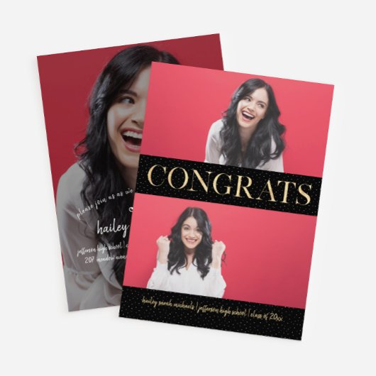 金ゴールドフェイクおめでとう3枚フォト卒業パーティー 招待状