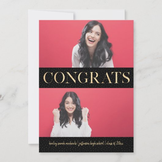 金ゴールドフェイクおめでとう3枚フォト卒業パーティー 招待状 (正面)