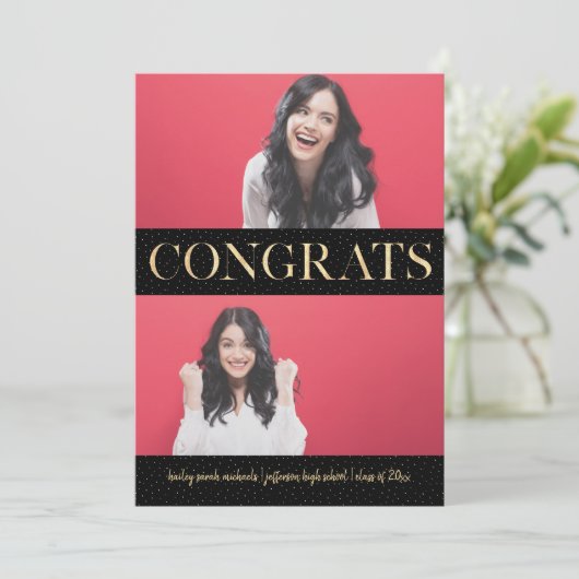 金ゴールドフェイクおめでとう3枚フォト卒業パーティー 招待状 (スタンド正面)