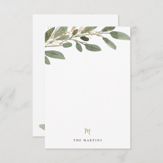 金ゴールドフェイクとオリーブ葉の |の結婚モノグラム ノートカード (正面/裏面)