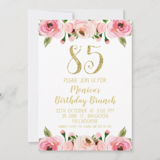 金ゴールドフェイクとバラ85th誕生日パーティーへの招待 招待状 (正面)