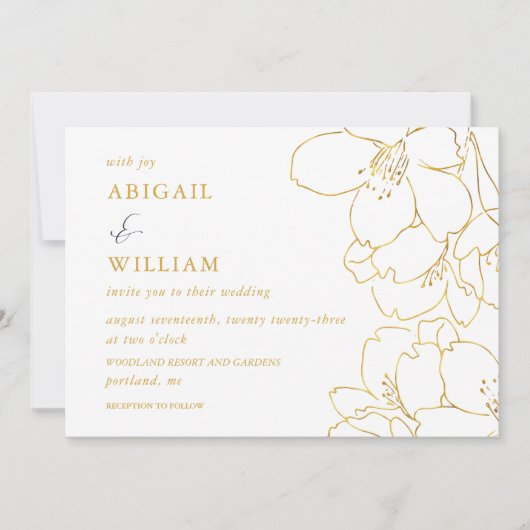 金ゴールドフェイクとホワイトフローラネイビー結婚式招待状 招待状 (正面)