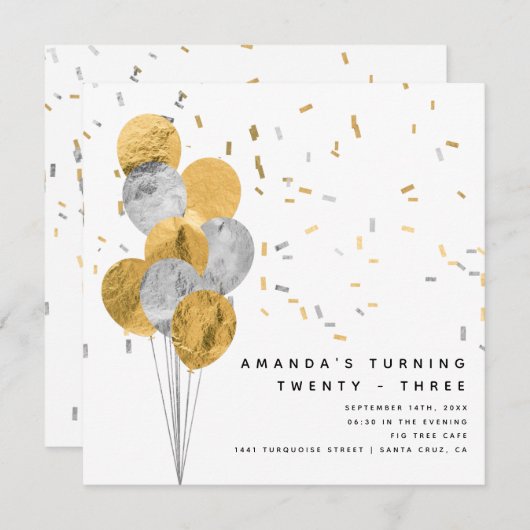 金ゴールドフェイクと銀箔のアダルトモダン誕生日 招待状 (正面/裏面)