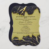 金ゴールドフェイクと黒の大理石結婚式の招待RSVP (正面/裏面)