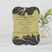 金ゴールドフェイクと黒の大理石結婚式の招待RSVP (スタンド正面)