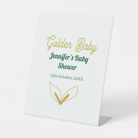金ゴールドフェイクの葉の緑の森の魅力赤ちゃんシャワー 台座サイン (正面)