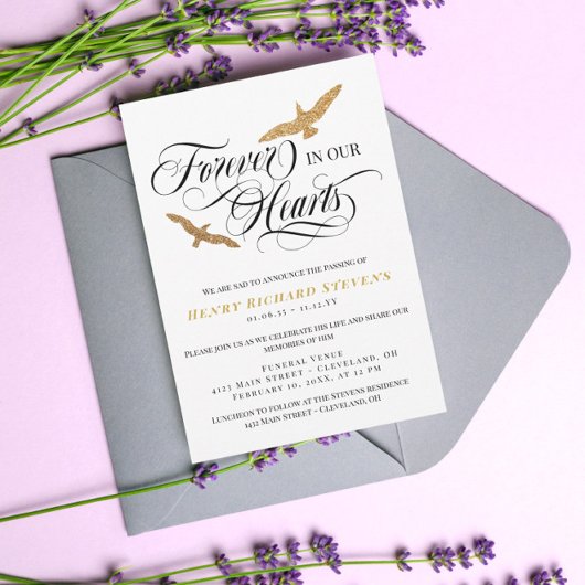 金ゴールドフェイクの鳥は永遠に私たちのハートの葬儀で 招待状